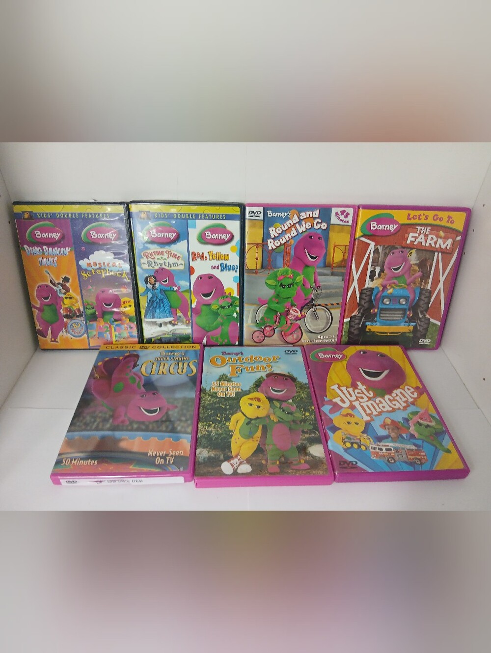 7 Barney Dvds, Outdoor Fun, Just Imagine, Lets Go To The Farm, Etc